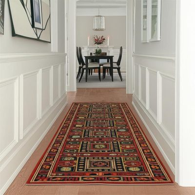 12′ Blue And Red Wool Oriental Runner Rug With Fringe
