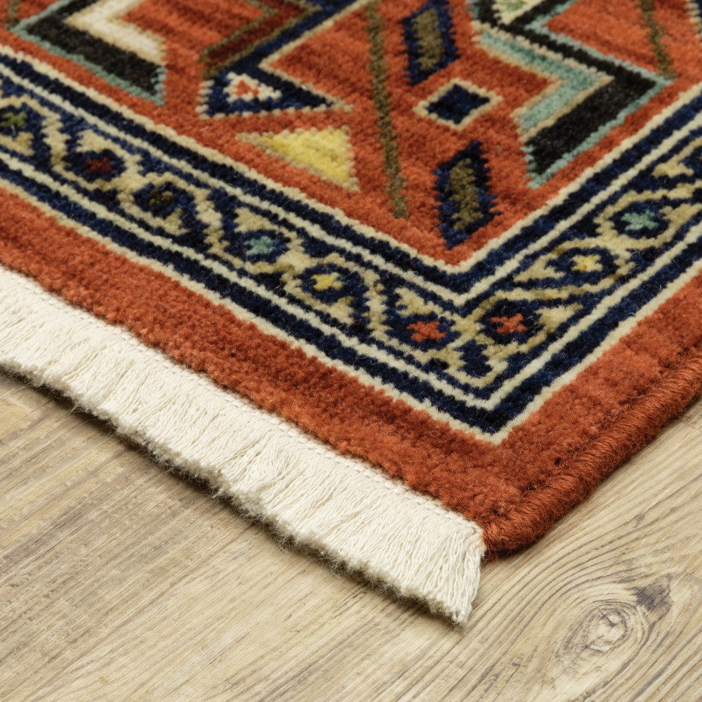 12′ Blue And Red Wool Oriental Runner Rug With Fringe