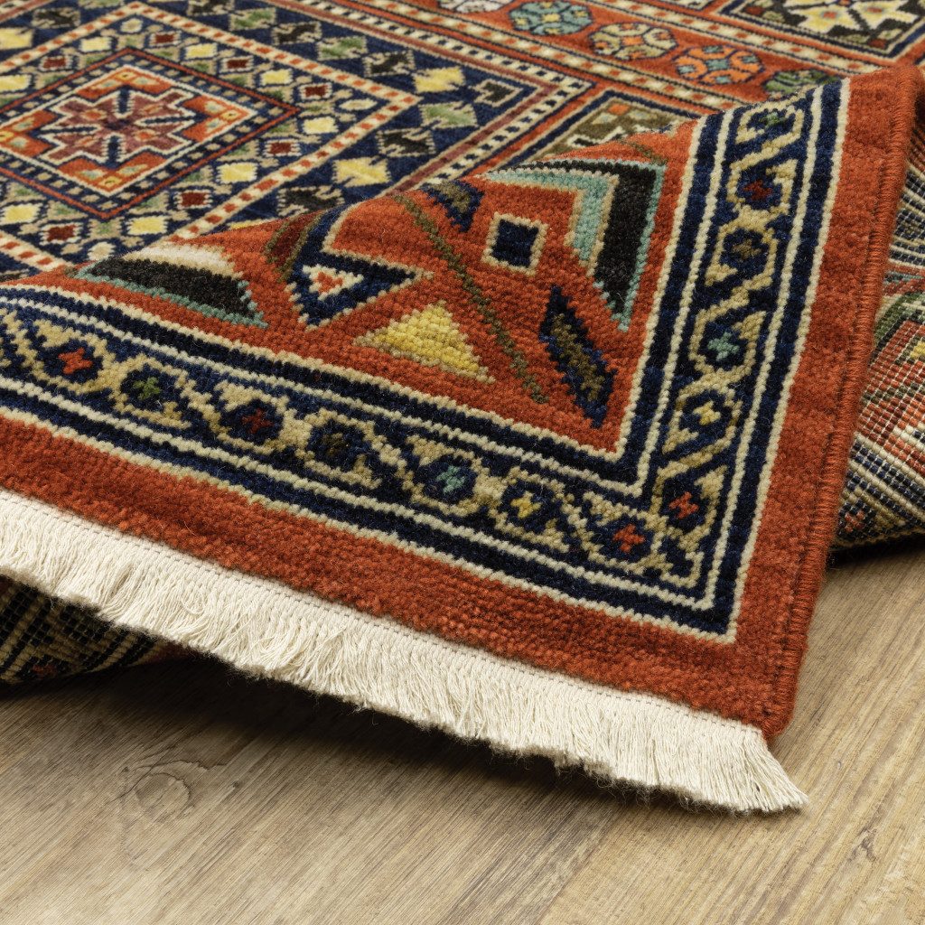 12′ Blue And Red Wool Oriental Runner Rug With Fringe