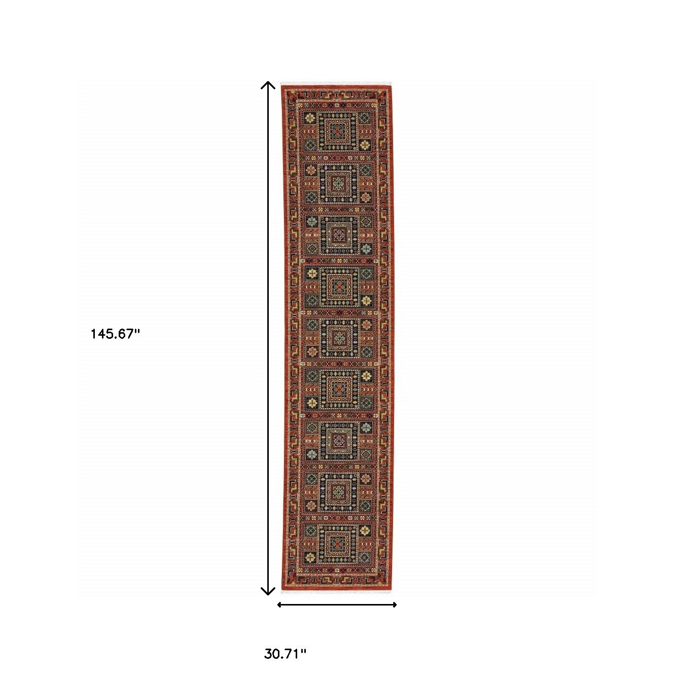 12′ Blue And Red Wool Oriental Runner Rug With Fringe