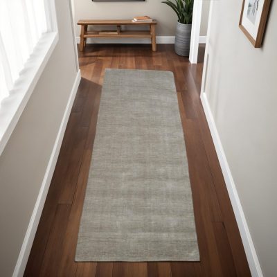 8′ Gray and Ivory Shag Hand Woven Runner Rug
