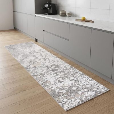 8′ Gray and Silver Abstract Power Loom Runner Rug