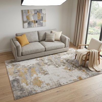 5′ X 8′ Ivory Gray and Gold Abstract Area Rug