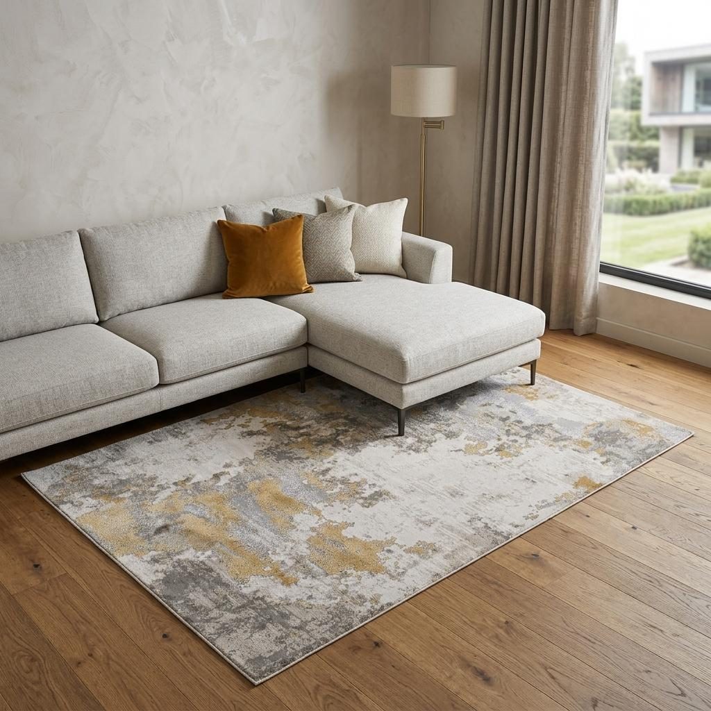 7′ X 10′ Ivory Gray And Gold Abstract Area Rug