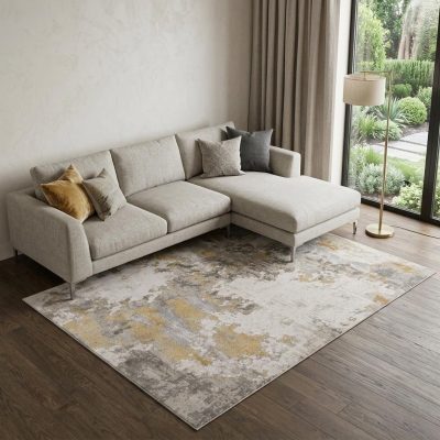 10′ X 13′ Ivory Gray and Gold Abstract Area Rug