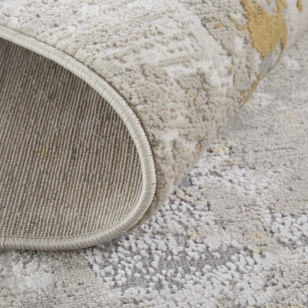 8′ Ivory Gray and Gold Abstract Runner Rug