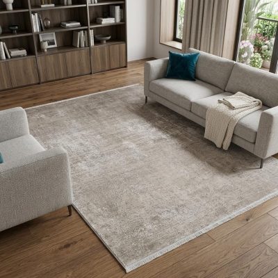 7′ X 10′ Tan and Ivory Abstract Distressed Area Rug