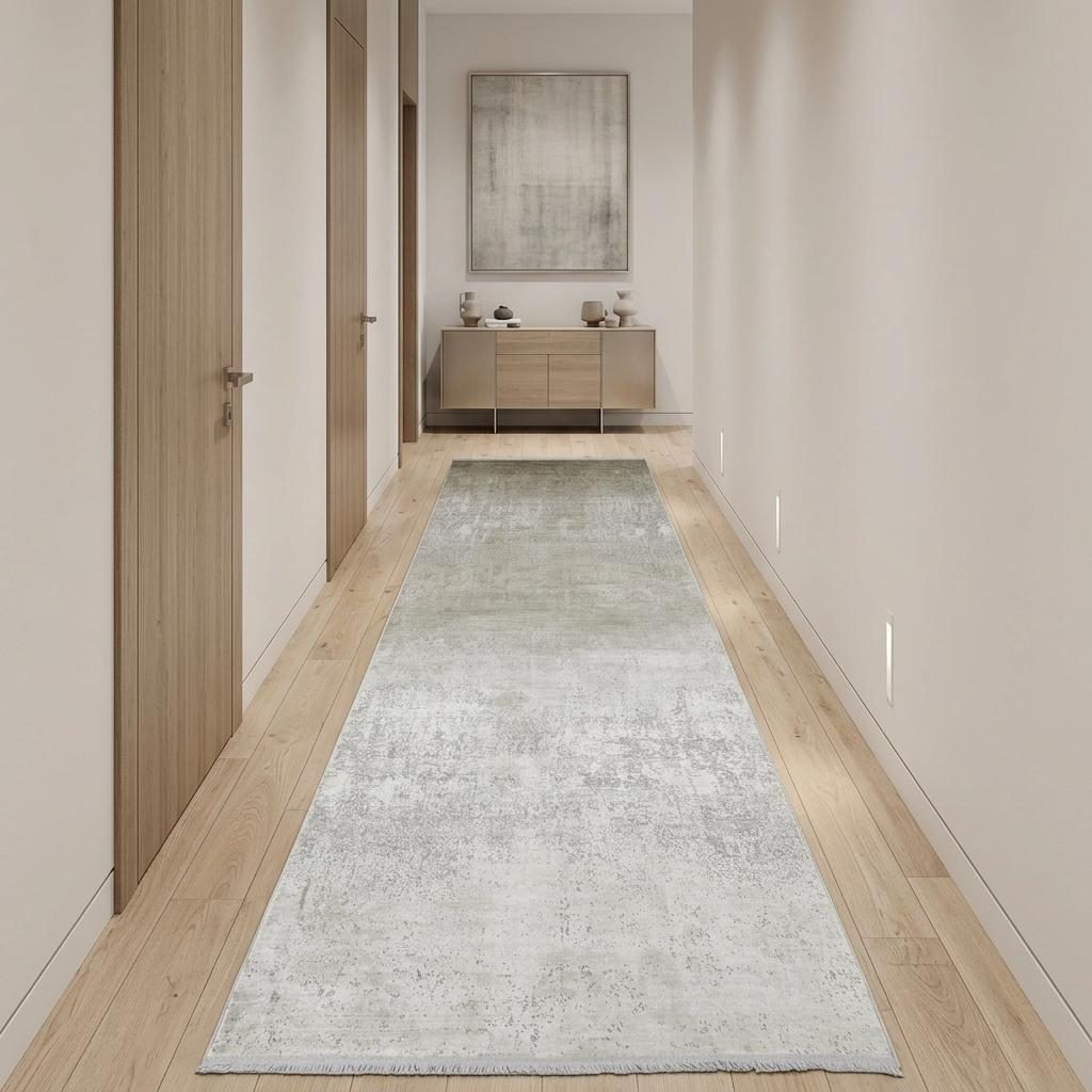 10′ Tan and Ivory Abstract Distressed Runner Rug With Fringe