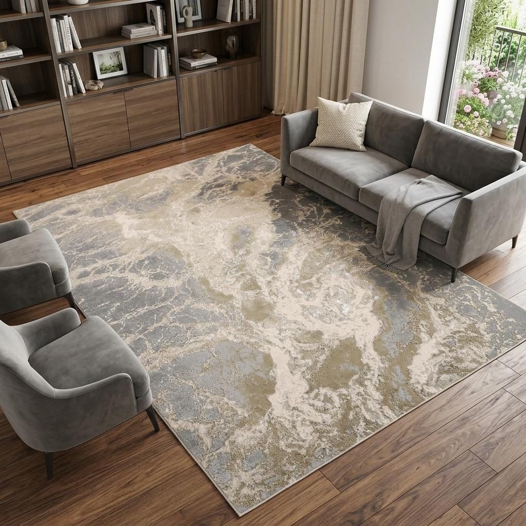 8′ X 10′ Ivory Tan And Gray Abstract Area Rug