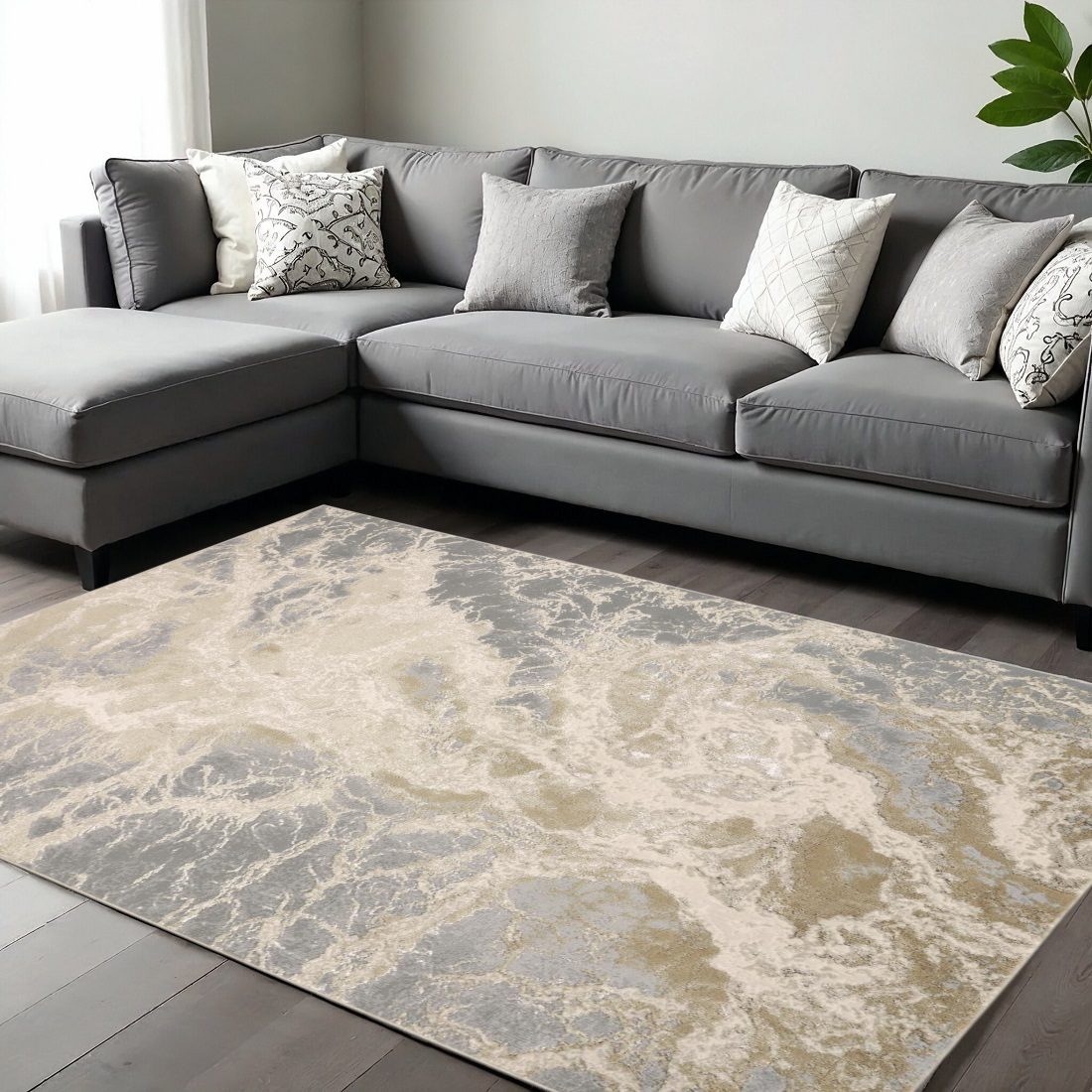 9′ X 12′ Ivory Tan and Gray Abstract Area Rug