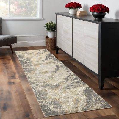 8′ Ivory Tan and Gray Abstract Runner Rug