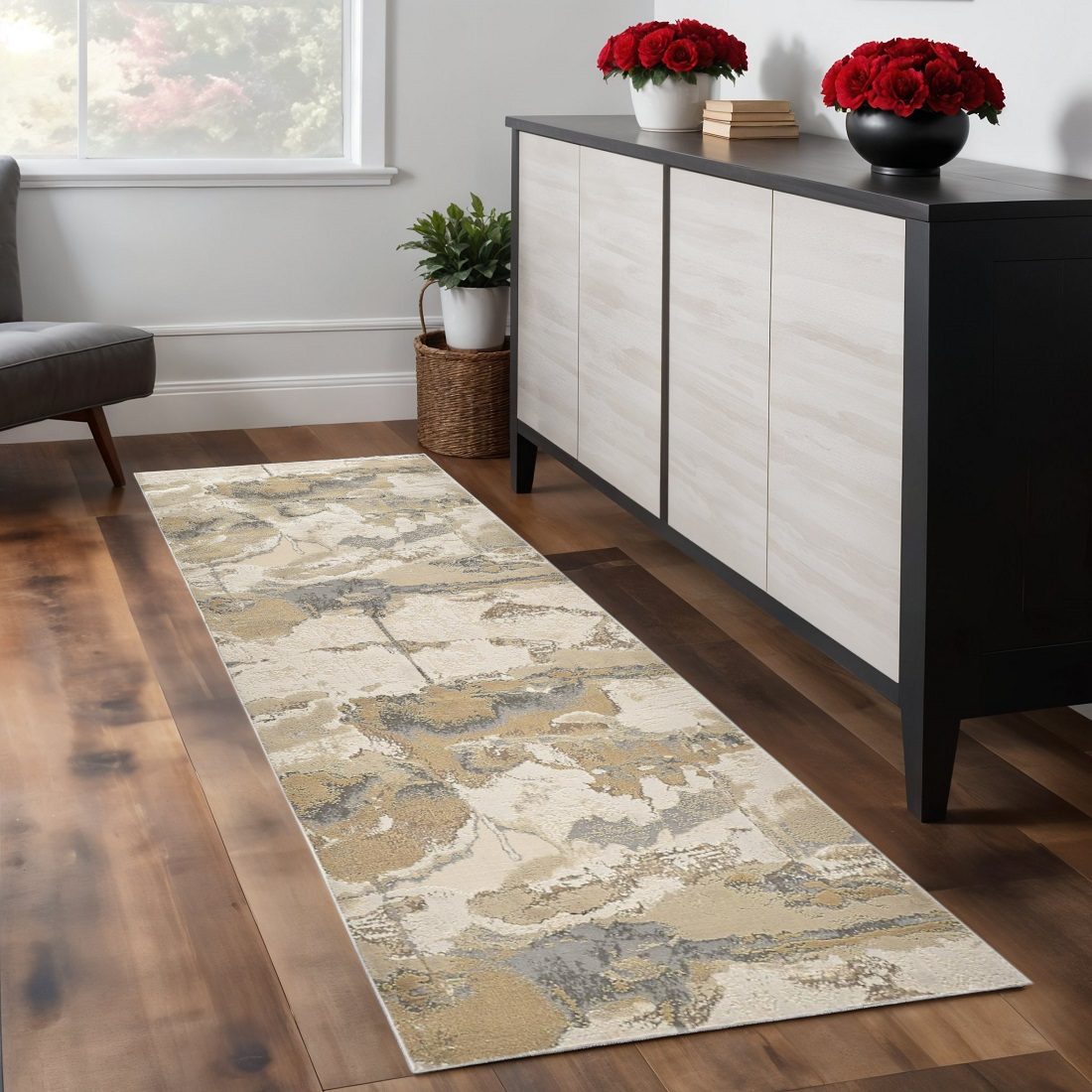8′ Ivory Brown and Gray Abstract Runner Rug