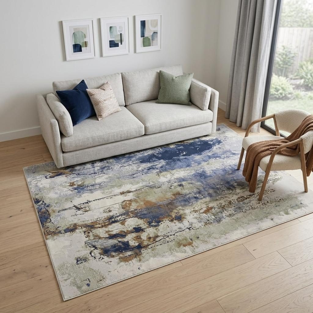 5′ X 8′ Blue Orange And Ivory Abstract Area Rug