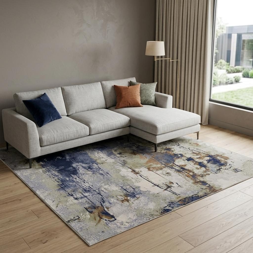8′ X 10′ Blue Orange And Ivory Abstract Area Rug