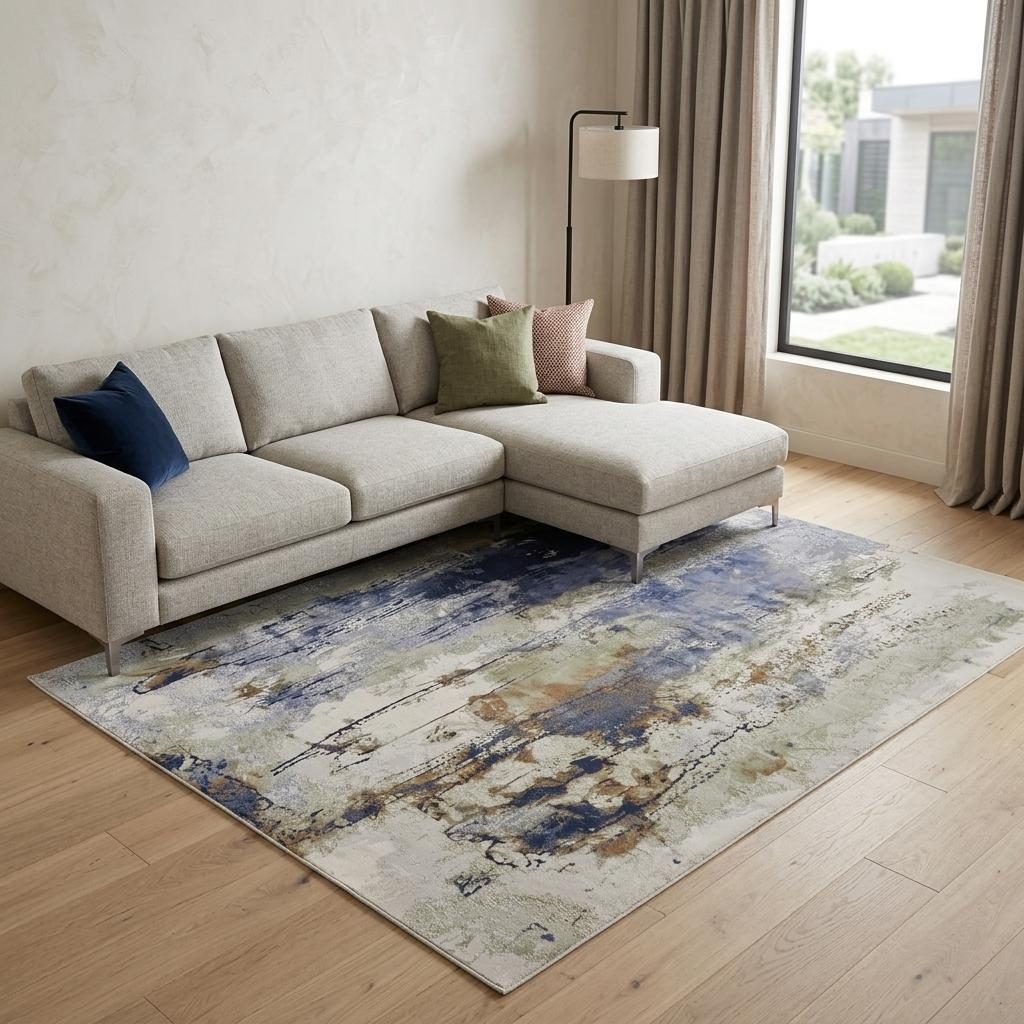9′ X 12′ Blue Orange And Ivory Abstract Area Rug