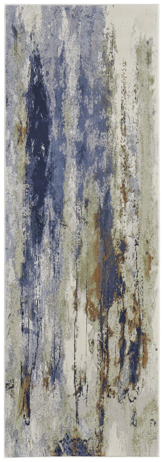 8′ Blue Orange and Ivory Abstract Power Loom Runner