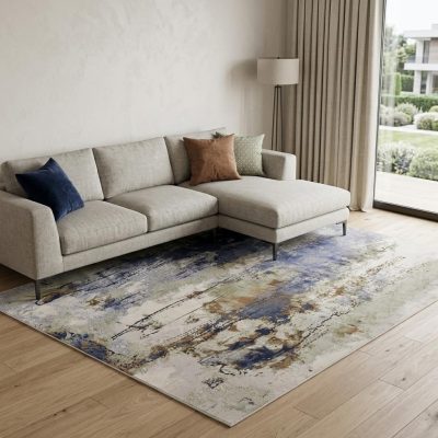 12′ X 15′ Blue Orange And Ivory Abstract Area Rug