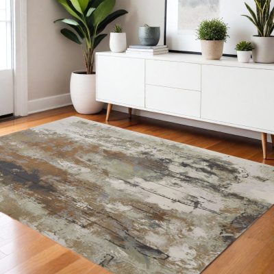 4′ X 6′ Beige Bronze And Black Abstract Area Rug