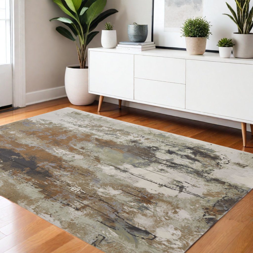 4′ X 6′ Beige Bronze And Black Abstract Area Rug