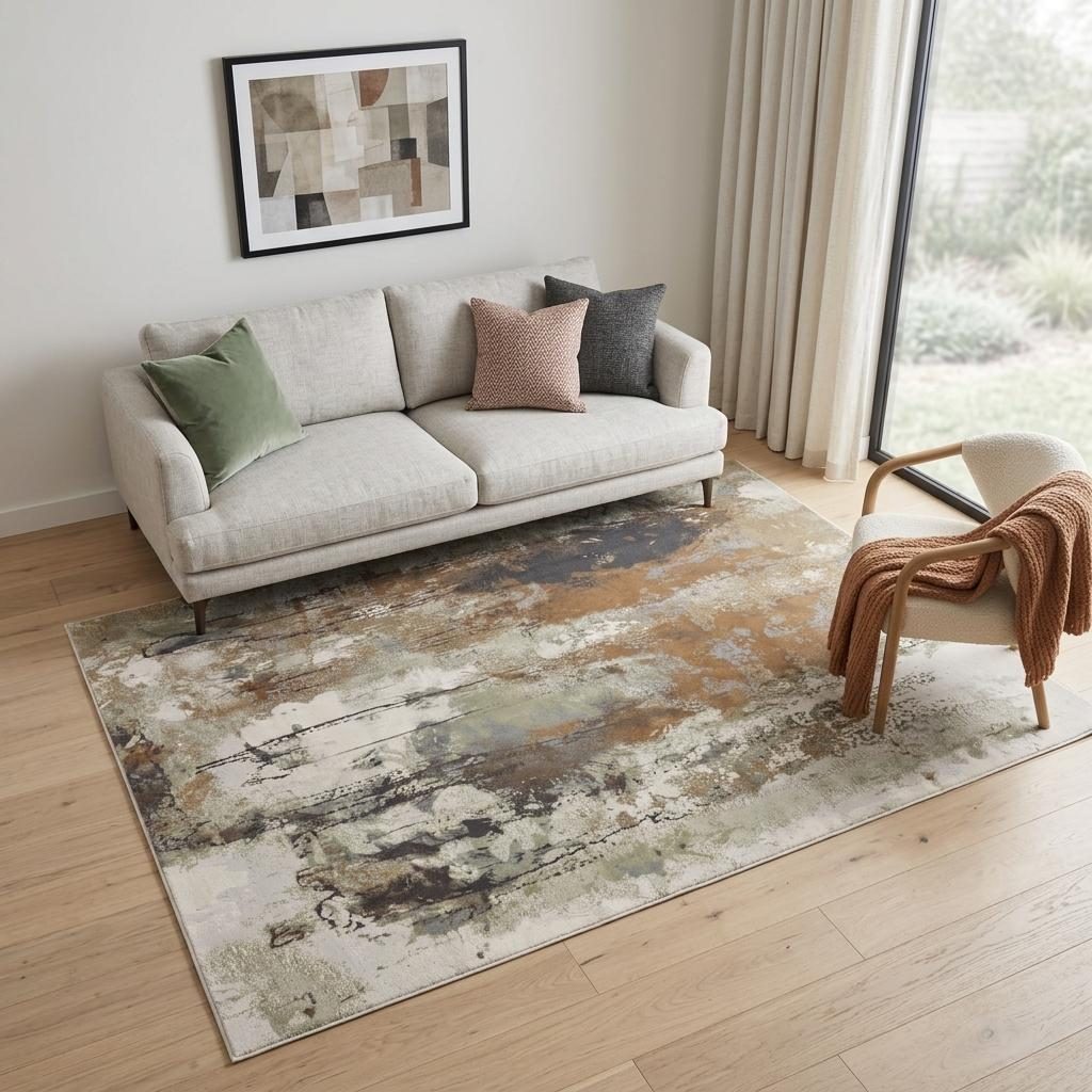 5′ X 8′ Beige Bronze and Black Abstract Area Rug