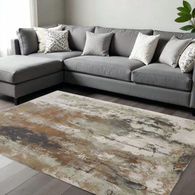 9′ X 12′ Beige Bronze and Black Abstract Area Rug