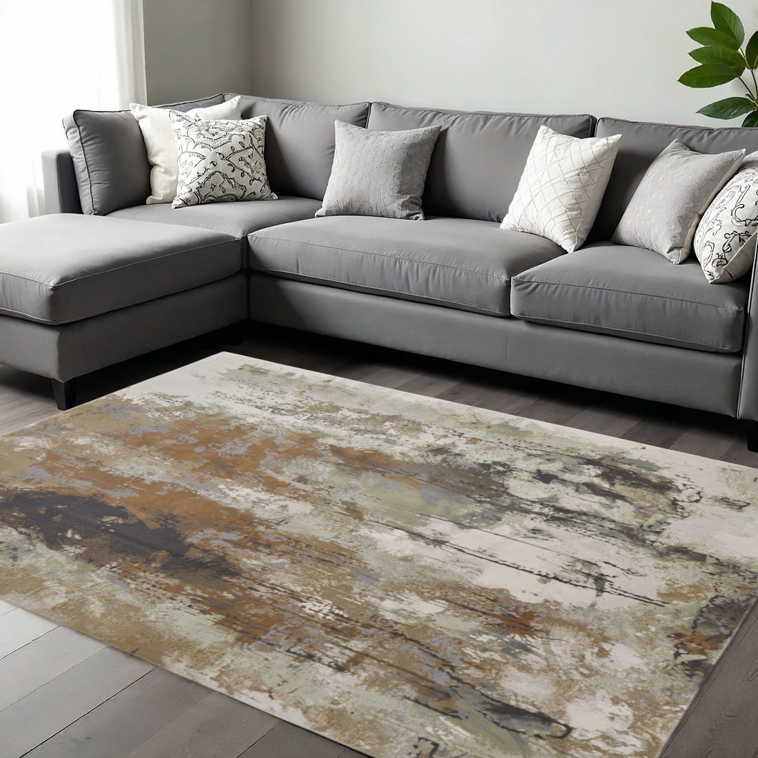 9′ X 12′ Beige Bronze and Black Abstract Area Rug