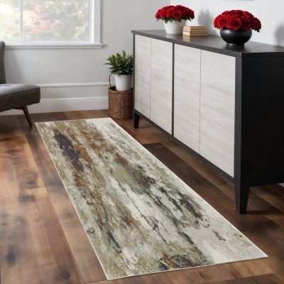 8′ Beige Bronze And Black Abstract Runner Rug