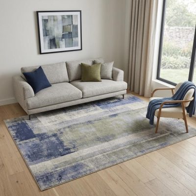 5′ × 8′ Blue Green Ivory Abstract Distressed Area Rug