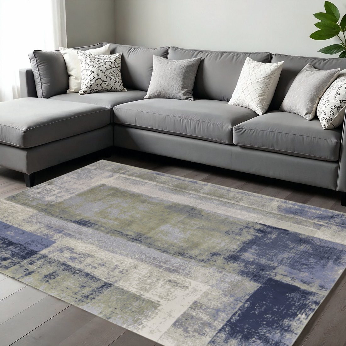9′ X 12′ Blue Green Ivory Abstract Distressed Area Rug