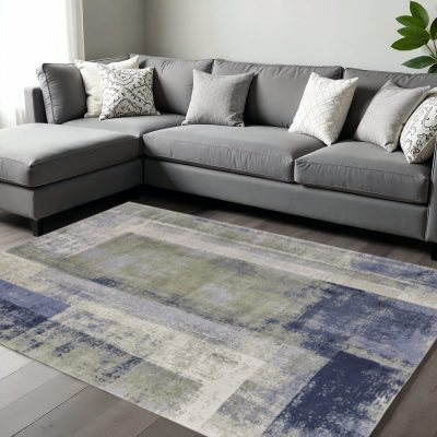 10′ X 13′ Blue Green Ivory Abstract Distressed Area Rug