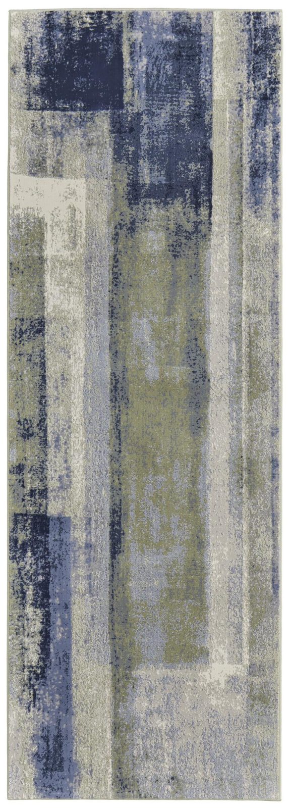 8′ Blue Green And Ivory Abstract Distressed Runner Rug
