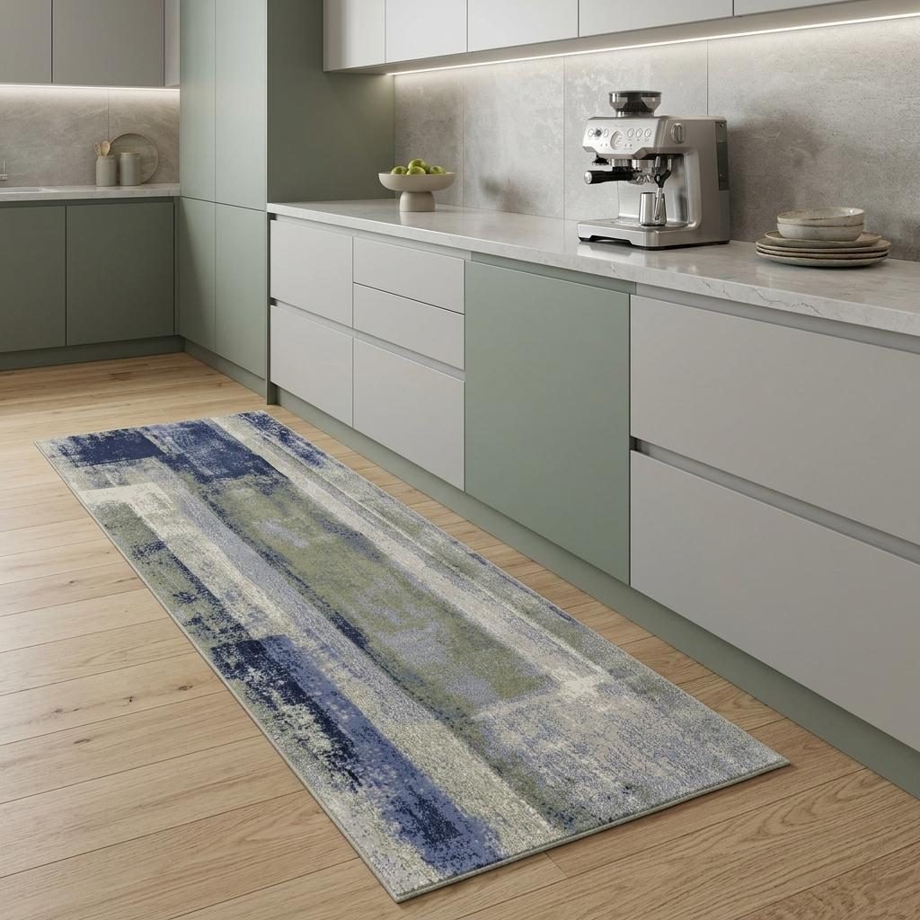 8′ Blue Green And Ivory Abstract Distressed Runner Rug
