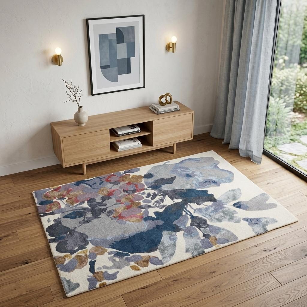 4′ X 6′ Blue Gray Pink Floral Wool Area Rug