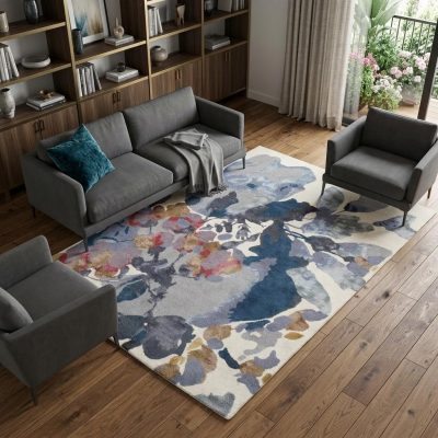 8′ X 10′ Blue Gray Pink Wool Floral Area Rug