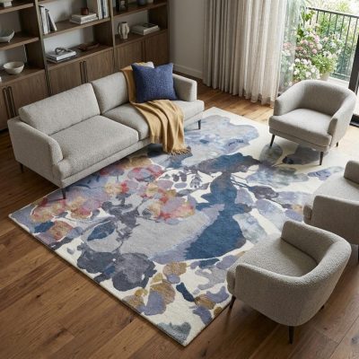 9′ X 12′ Blue Gray Pink Wool Floral Area Rug