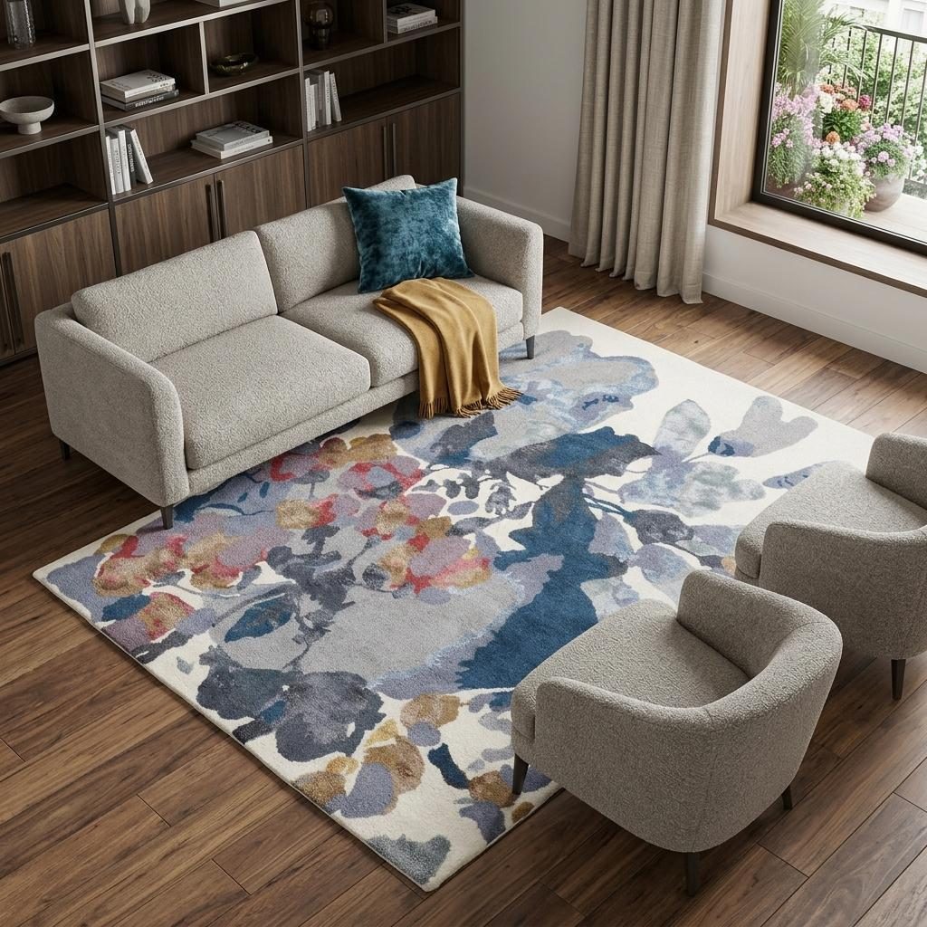 10′ X 14′ Blue Gray Pink Wool Floral Area Rug