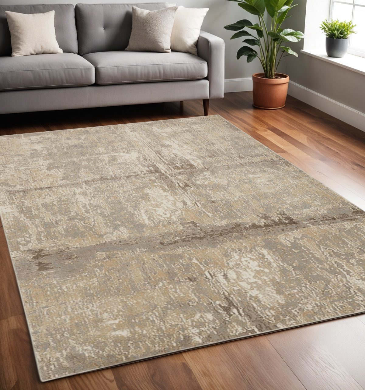 5′ X 8′ Tan Ivory And Brown Abstract Area Rug