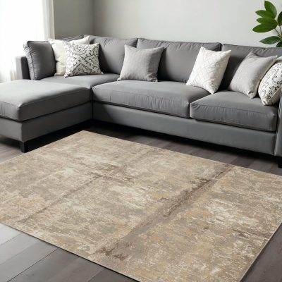 9′ X 12′ Tan Ivory and Brown Abstract Area Rug