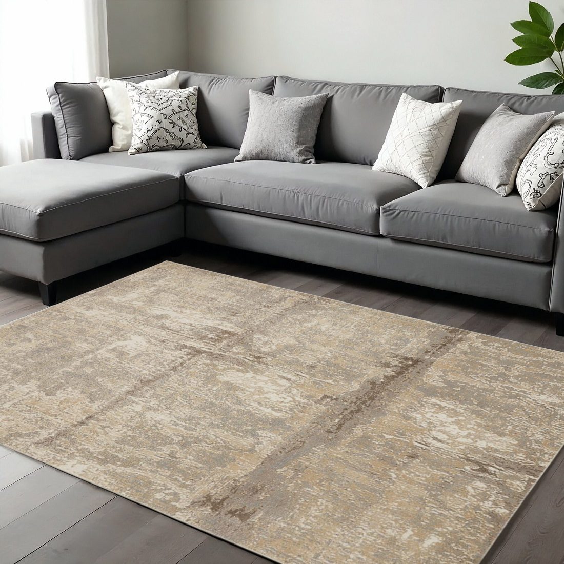 9′ X 12′ Tan Ivory and Brown Abstract Area Rug