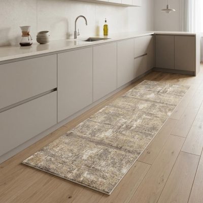 8′ Tan Ivory And Brown Abstract Distressed Runner Rug