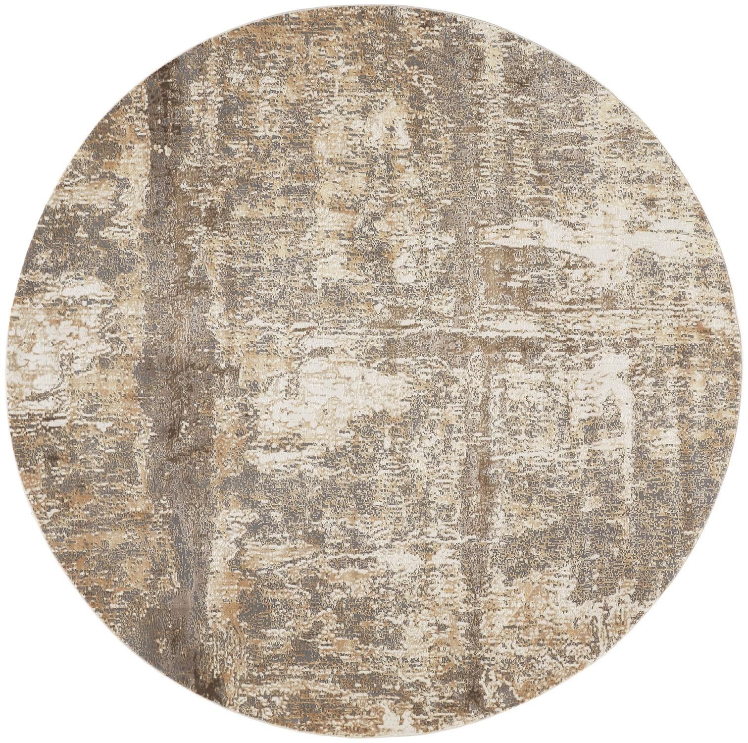 8′ Tan Ivory and Brown Abstract Round Rug