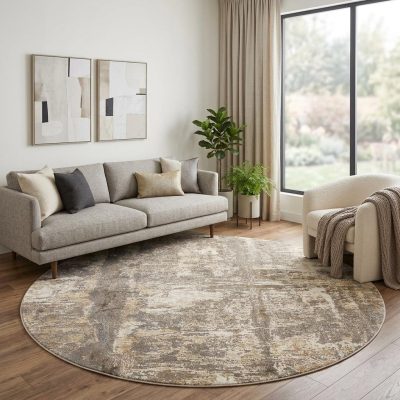 8′ Tan Ivory and Brown Abstract Round Rug