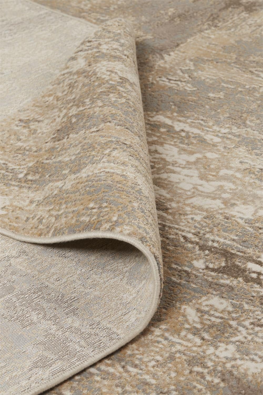 8′ Tan Ivory and Brown Abstract Round Rug
