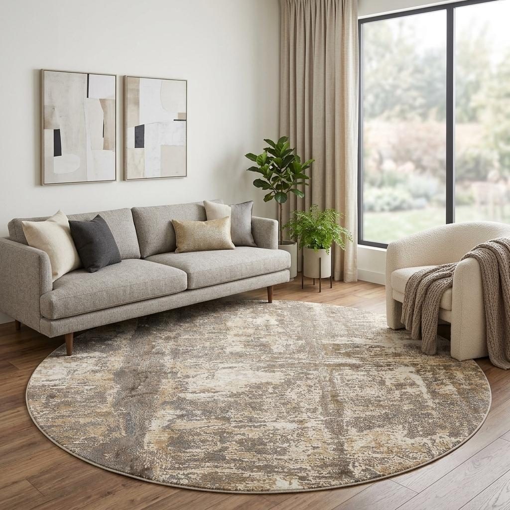 8′ Tan Ivory and Brown Abstract Round Rug