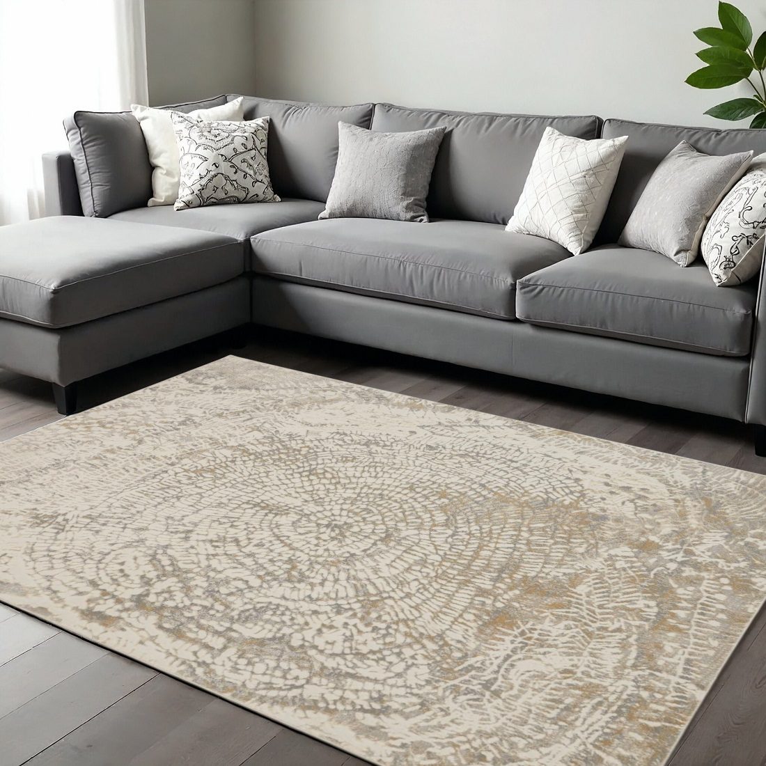 10′ X 14′ Gray Ivory And Tan Abstract Area Rug