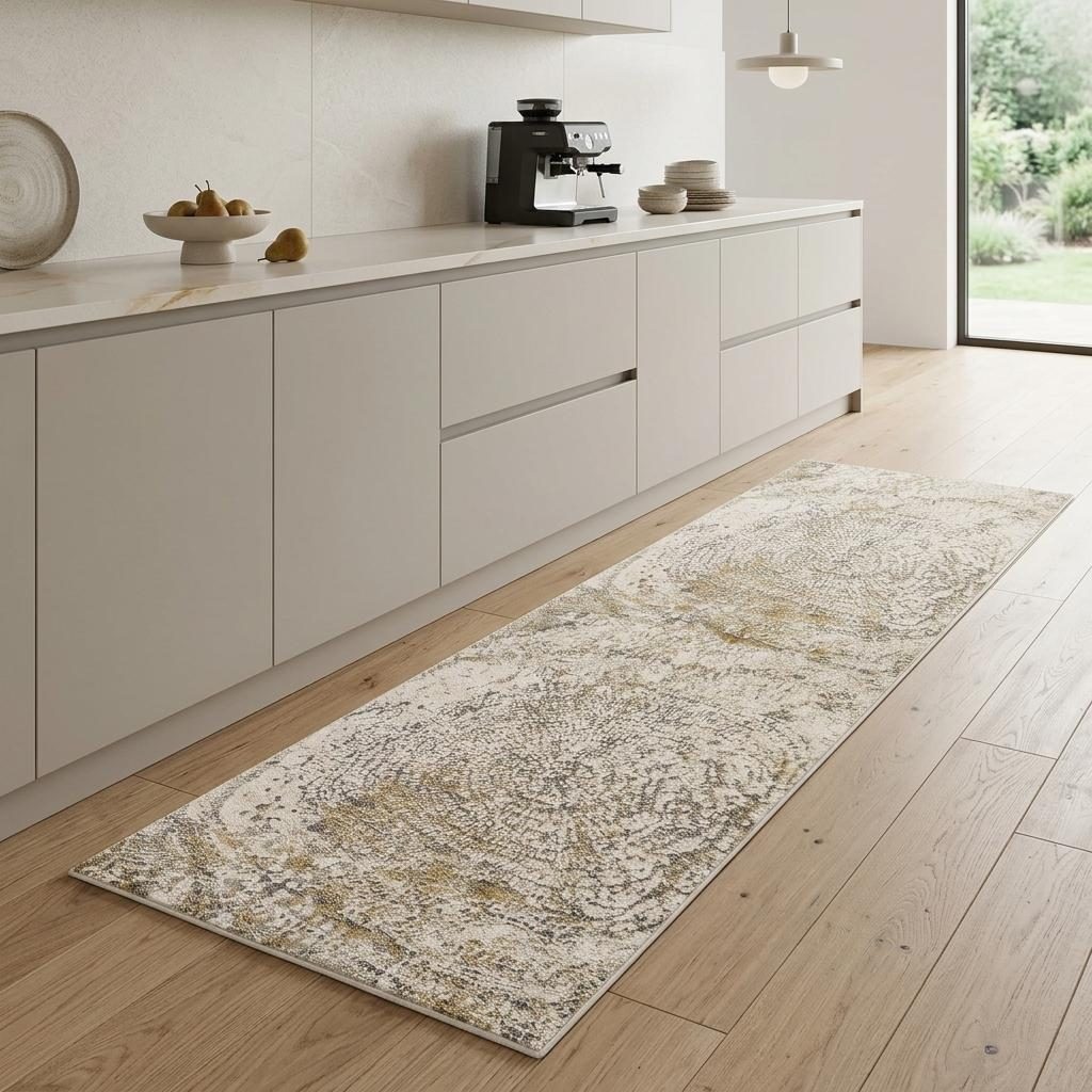 8′ Gray Ivory and Tan Abstract Distressed Runner