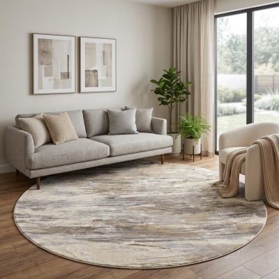8′ Brown and Ivory Abstract Non Skid Round Rug II