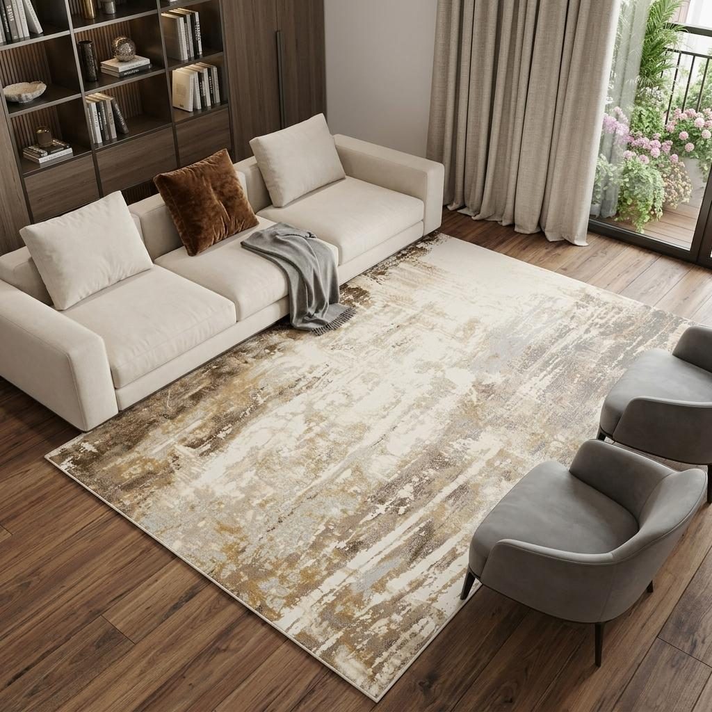 9′ X 12′ Tan Ivory And Gray Abstract Area Rug
