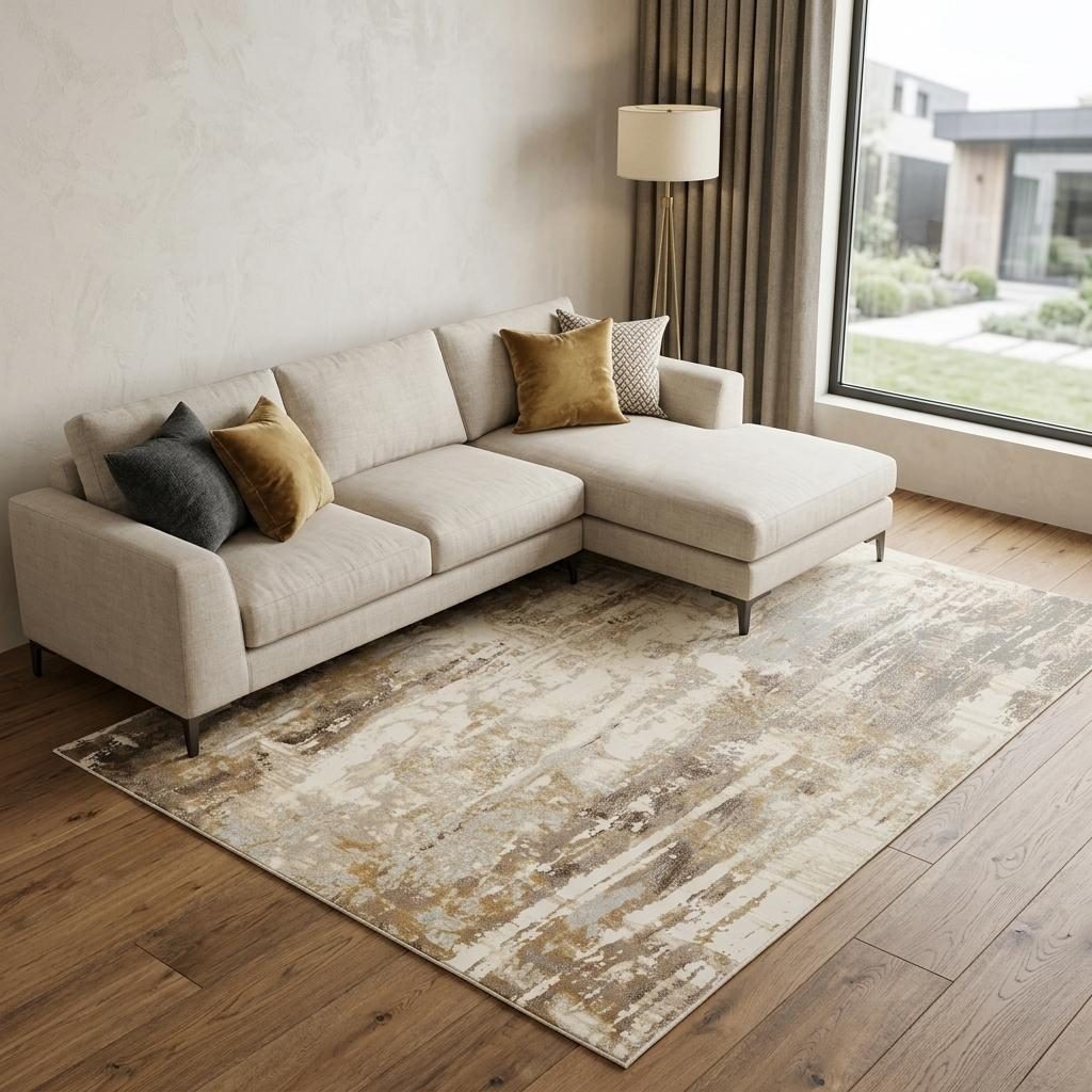 10′ X 14′ Tan Ivory and Gray Abstract Area Rug