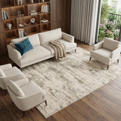 8′ X 10′ Ivory and Brown Abstract Area Rug